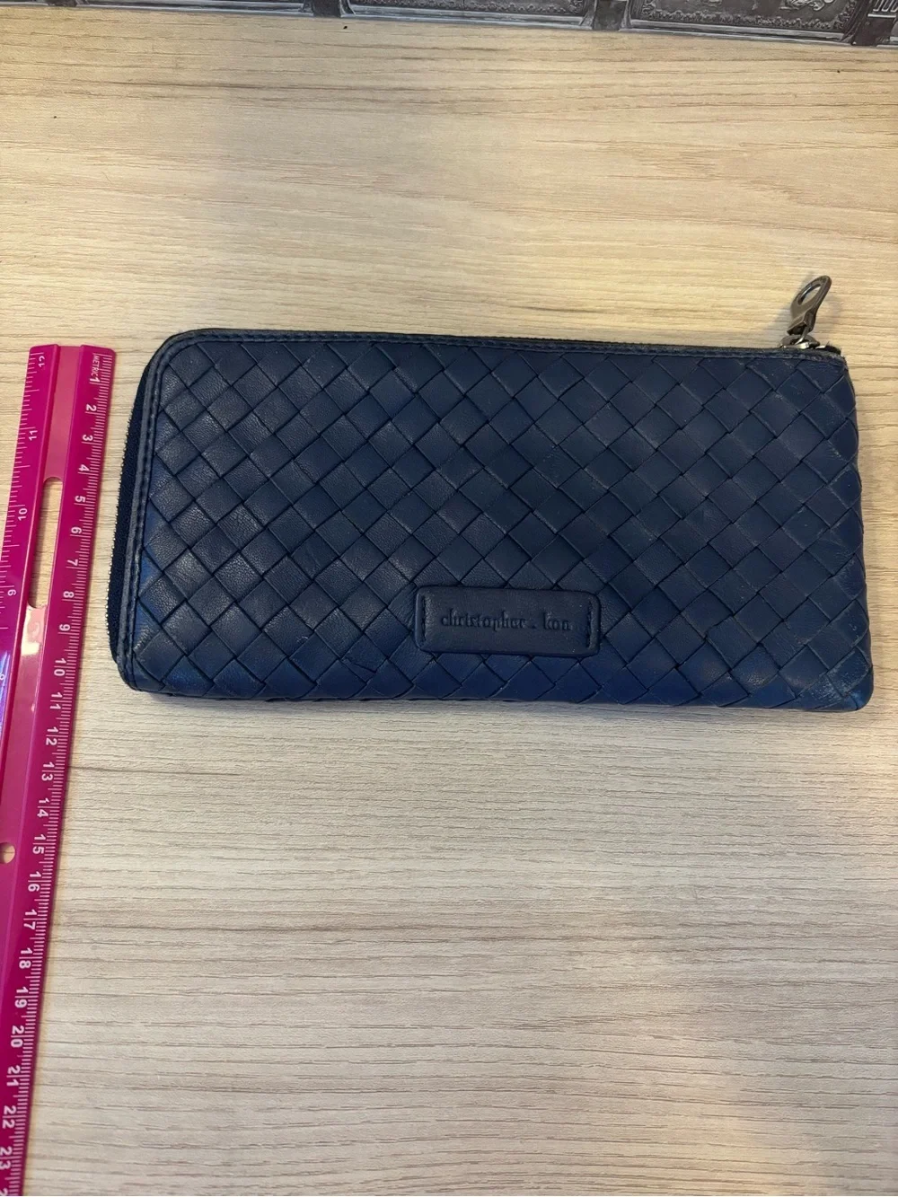 Christopher Kon Navy Woven Leather Zip Wallet
